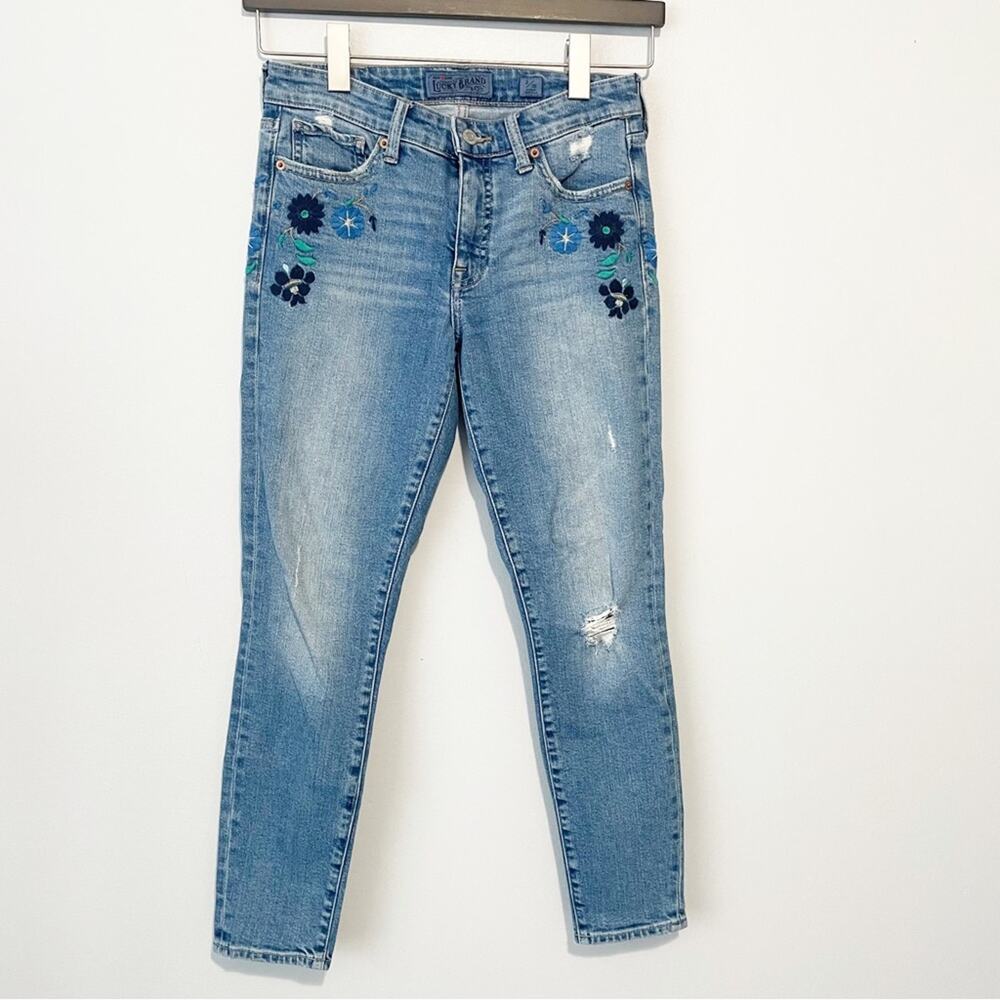 Lucky Brand Embroidered Ava skinny ankle cheville jeans blue denim size 2 26